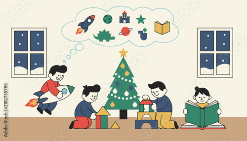 Festive scene of children playing with toys and reading near a Christmas tree with a thought bubble showing their holiday gift wishes.