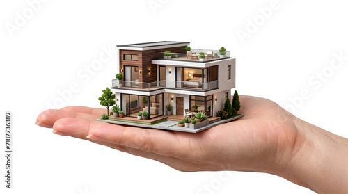 A miniature modern luxury house model held in the palm of a human hand
