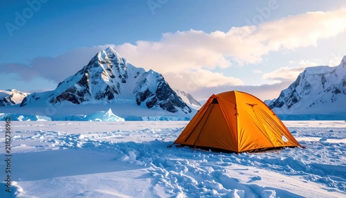 Orange tent before a sharp snowy mountain peak.