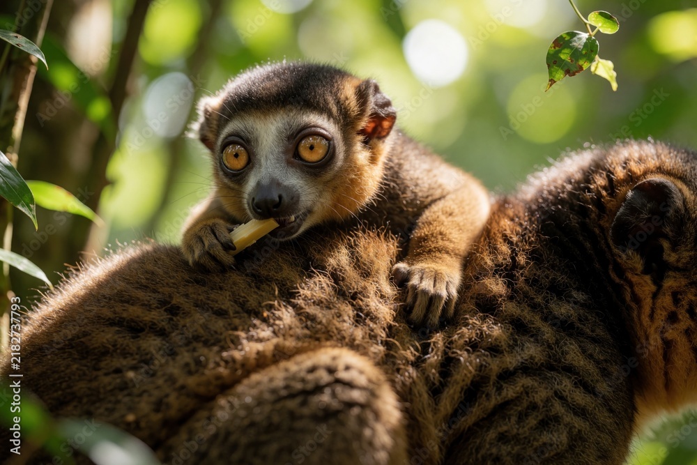Fototapeta premium Small bamboo lemur baby sits on mom back eating bamboo stalk. Closeup portrait of young primate in natural green forest habitat. Animal face with big curious eyes.