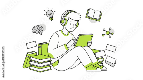 Minimalist line art student studying with tablet and headphones, young man learning online with digital device, education vector