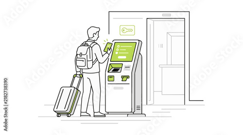 Modern hotel self check-in kiosk vector, traveler using automated digital terminal with smartphone, smart hospitality technology