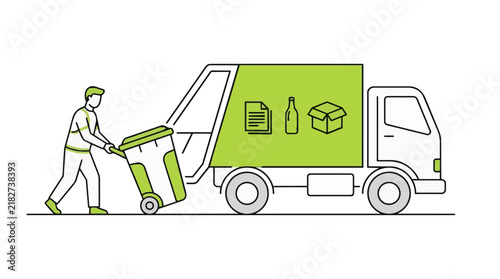 Garbage truck with sanitation worker loading waste bin. Recycling service vehicle vector. Green waste management illustration.