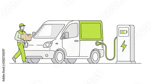 Electric delivery van charging at station, courier with package by EV transport, green logistics and sustainable shipping vector