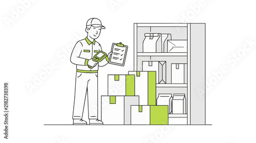Warehouse worker managing inventory with scanner and clipboard. Logistics employee checking stock boxes. Distribution center storage vector illustration.