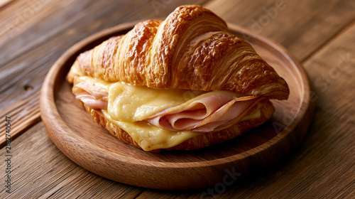 golden croissant sandwich with melted cheese and ham, photorealistic croissant sandwich with ham and melted cheese, toasted golden croissant sandwich served on a wooden plate