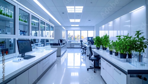 Spacious medical testing laboratory with white cabinets and workstations.