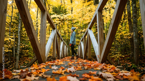 A person stands on a wooden bridge surrounded by vivid yellow foliage and fallen leaves. The autumn forest glows with color, capturing adventure, solitude, and the beauty of seasonal change.