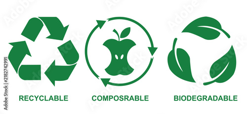 Sustainability symbols set with recyclable, compostable, and biodegradable icons. eco-friendly design elements for environmental awareness.