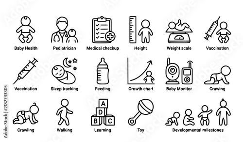 Newborn Health and Development Line Icons – Baby Growth and Pediatric Vector Set