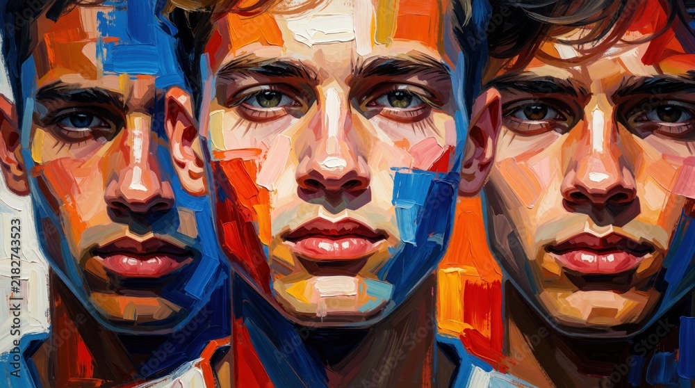 Obraz premium Group of three young males portraits displaying colorful abstract artistic styles. Faces show varied human expressions and modern artistic texture concepts for creative design.