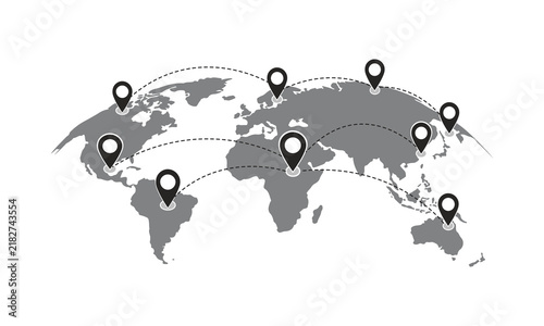 Global World Map with Location Pins, International Travel and Worldwide Network Illustration.