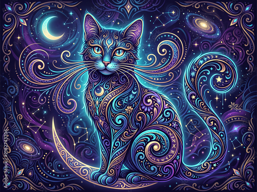 Fototapeta premium Cosmic feline pet sitting on a golden crescent moon surrounded by glowing stars and celestial swirling nebula patterns representing mystical energy within the vast deep blue night sky galaxy