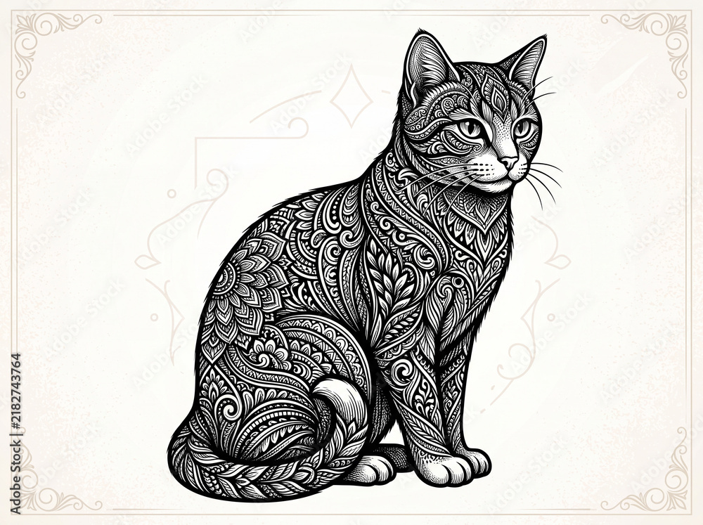 Sitting domestic cat silhouette featuring intricate floral paisley patterns and complex swirling tattoo artwork style for decorative creative projects requiring unique animal thematic line art