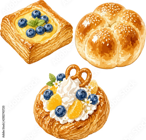 Watercolor illustration set of Danish pastry with blueberries, sesame dinner roll, and pastry with fruit, cream, and mini pretzel. Hand-drawn clip art of baked goods for bakery menu