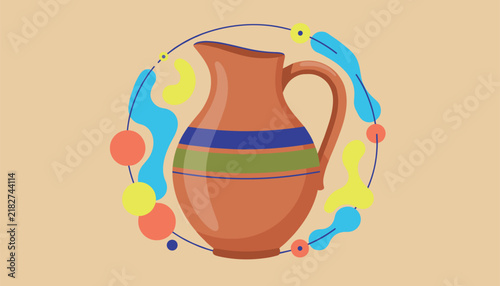 Traditional brown clay pottery pitcher surrounded by colorful fluid shapes and a circular frame on a beige background.