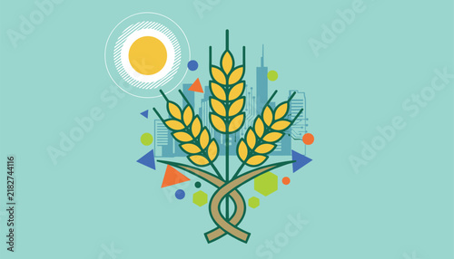 Yellow wheat ears intertwined over a blue city skyline silhouette with a bright yellow sun on a teal background.