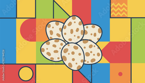 Five speckled beige bird eggs arranged in a floral shape over a colorful retro geometric background of solid blocks.