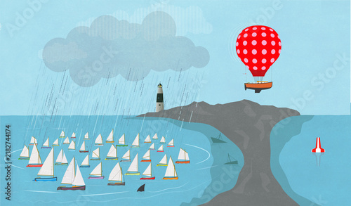 Sailboat with balloon flies over rocky dangerous area to safe waters