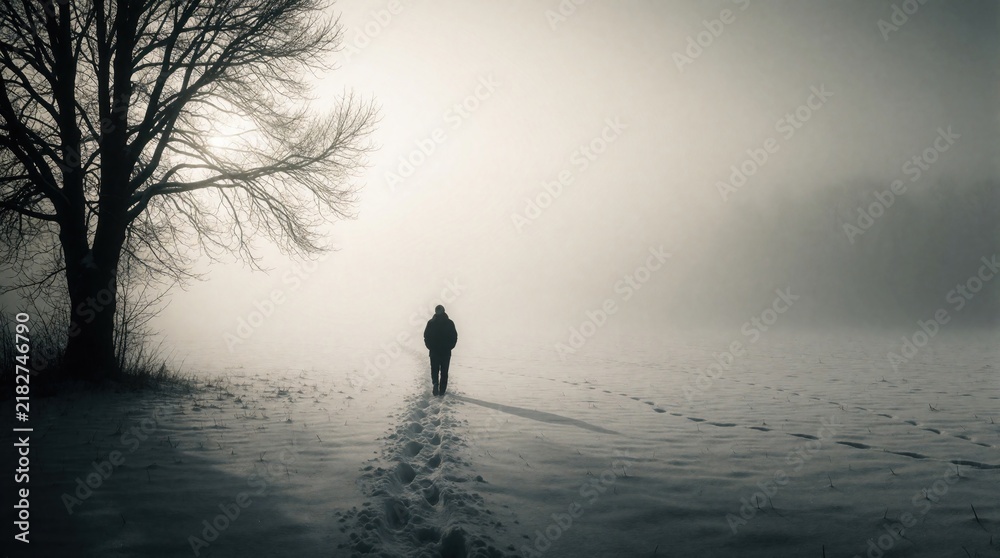 Obraz premium Solitary person walks away through snowy field on foggy winter morning. Lone traveler leaves footprints on white snow trail. Silhouette of figure moves toward misty forest under bare tree. Cold