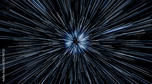 Obraz na płótnie High speed white light streaks creating a dynamic hyperspace warp effect against a dark background.