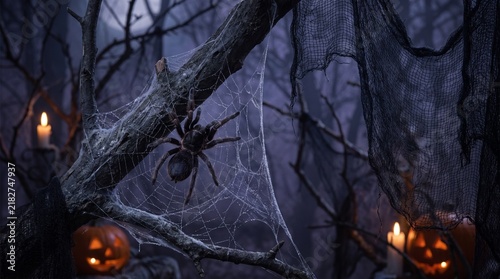 Spooky Halloween Forest Scene with a Large Spider on a Web Surrounded by Glowing Jack-o-lanterns and Candles in a Dark Mysterious Atmosphere