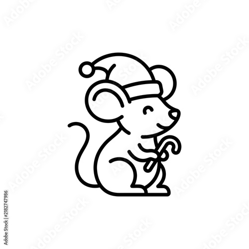 Mouse icon wearing a Santa hat and holding a candy cane is presented as a black line art vector illustration.