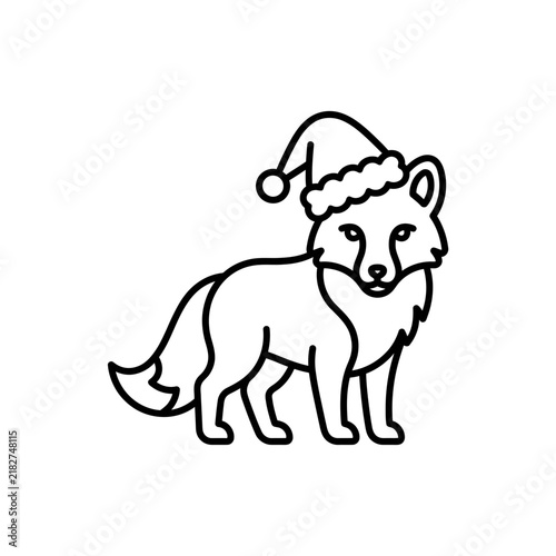 Fox wearing a festive Santa hat stands isolated on a plain background.