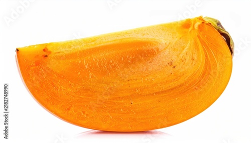 Single sliced orange persimmon wedge on white background.