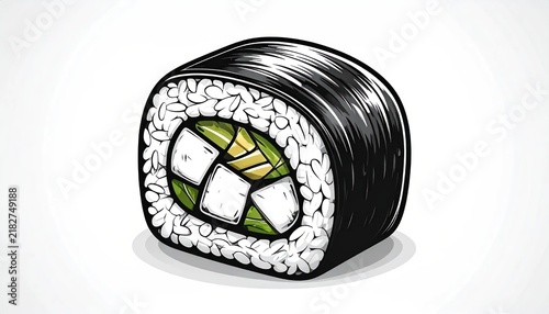 Single sushi maki roll hand-drawn line art