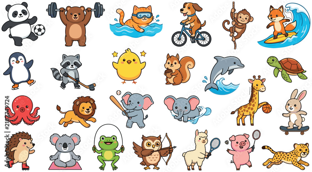 Obraz premium Cute Animal Sports Character Collection with Panda, Bear, Cat, Dog, Monkey, Fox, Penguin, Raccoon, Dolphin, Giraffe, Rabbit and Wildlife Activities