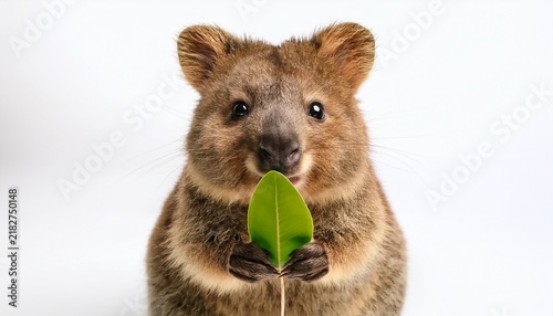 quokka holding a green leaf with a playful expression against a white background