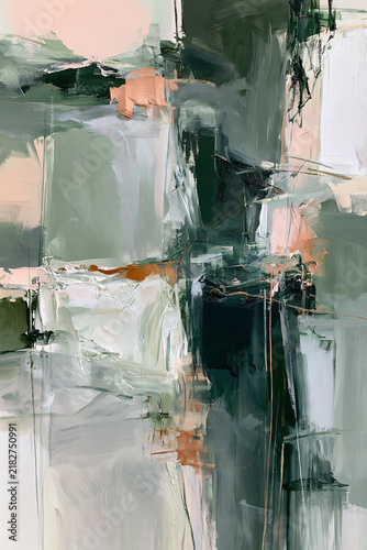abstract green painted brush strokes with peach and copper accents, abstract olive green and pastel brushstroke texture on canvas, contemporary earthy abstract painting in green cream and peach tones