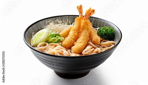udon noodle bowl with tempura isolated on white background or white background