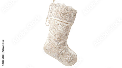Elegant festive Christmas stocking featuring delicate pearl embellishments and luxurious satin fabric, isolated on white background