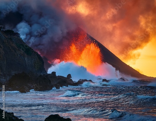 volcano erupts into the sea casting fiery glow smoke rises swirling with molten orange hues ocean churns reflecting the fiery spectacle rocks line the shore dark and wet from the spray