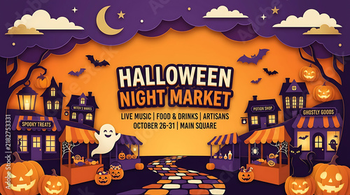 Halloween Night Market paper cut poster with village market stalls, cobblestone street, carved pumpkins, cute ghost, and bats background