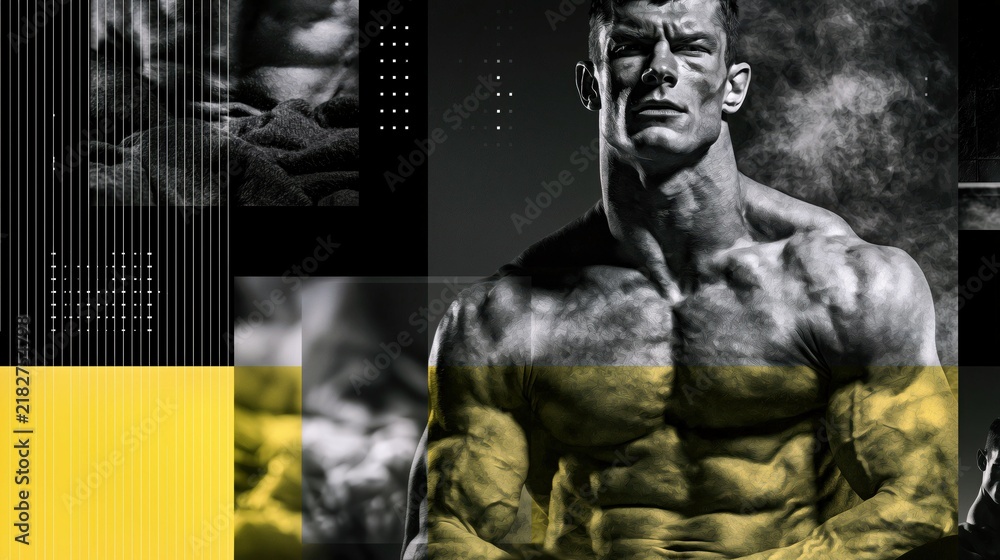 Obraz premium High contrast muscular male portrait with grayscale texture, yellow blocks and barcode graphics for edgy fitness campaign design.
