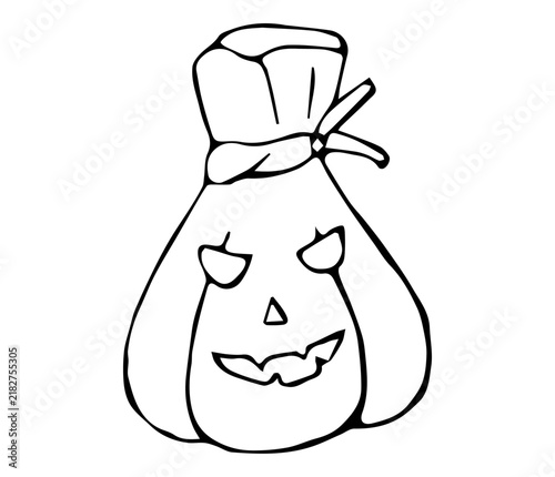 Hand Drawn Halloween Spooky Sack Bag with Jack O Lantern Face Line Art Doodle Illustration