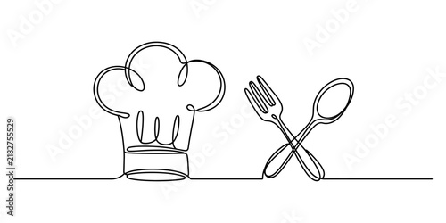 Chef hat with fork and spoon continuous line drawing