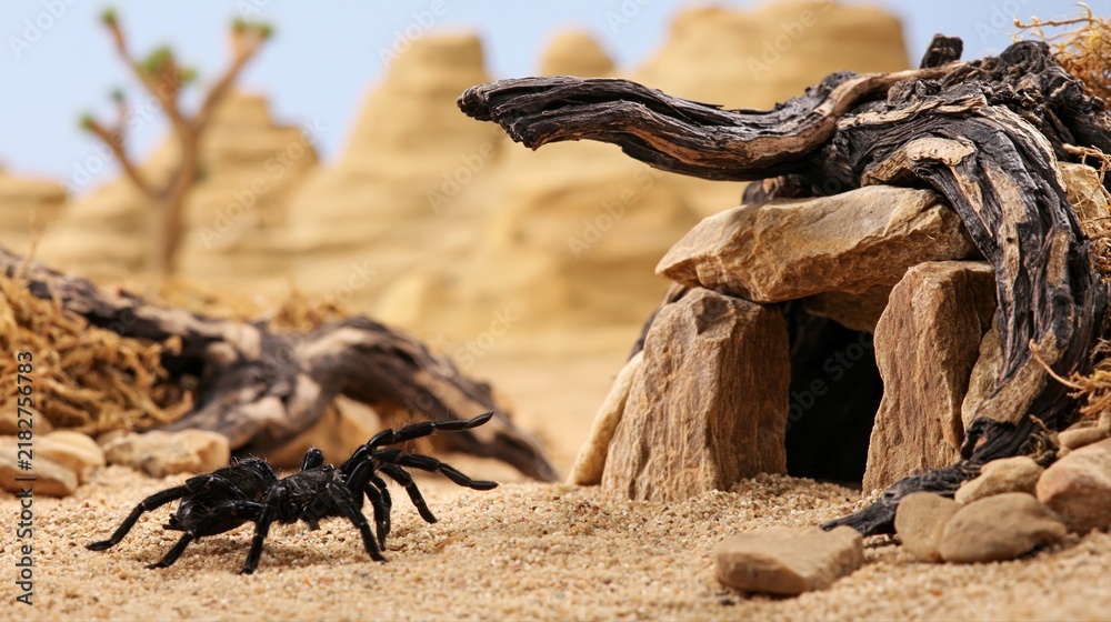 Obraz premium Black spider arthropod walking in sandy desert habitat