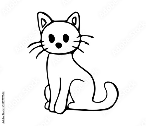 Cute Hand Drawn Sitting Cat with Whiskers Line Art Doodle Illustration for Halloween and Pet Design