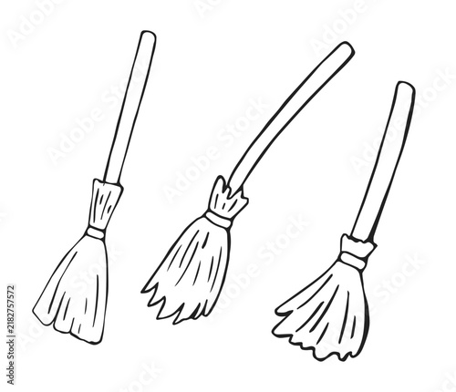 Hand Drawn Witch Broom Set Three Different Brooms Line Art Doodle Illustration for Halloween Design