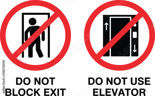 Foto Red prohibition signs for blocking exit and using elevator, restricted access symbols for emergency safety, building regulations, evacuation routes, and warning signage