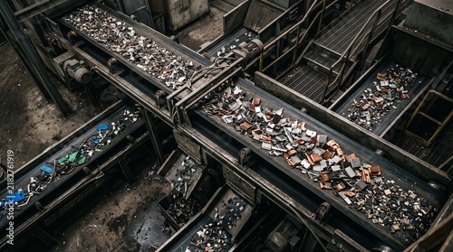 AI production chain and use. Industrial recycling facility processing electronic waste on conveyor belts