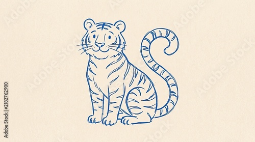 Vector drawn art cute tiger sitting sketch style blue outline animal character with wildlife predator character illustration friendly
