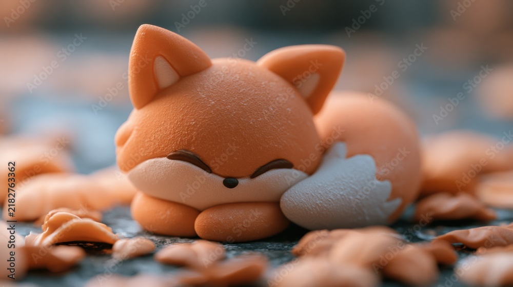 Obraz premium A small fox made of soft clay rests curled up on the ground surrounded by fallen leaves in a quiet forest area during autumn.