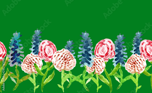 Summer watercolor seamless border with full bloom wildflowers childlike drawn by hand isolated on green background. Naive children style for printing, cover, reusable package, wrapping paper. 