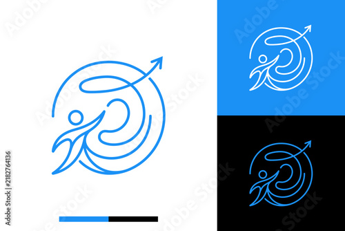 Abstract Blue Line Art Logo of a Human Figure Moving Forward with an Arrow for Growth and Success