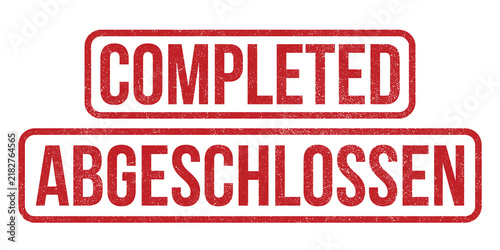 Red completed and abgeschlossen rubber stamp set, grunge finished business stamp, bilingual office verification seal